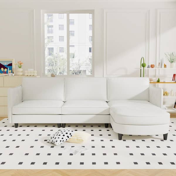 107.8 in. Wide L Shaped Fabric Modern Sectional Sofa in Beige with Ottoman and Side Pockets