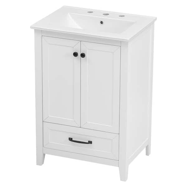 Unbranded 24 in. W Freestanding Bath Vanity in White with White Ceramic Top, Bathroom Vanity Cabinet with One Drawer and Doors