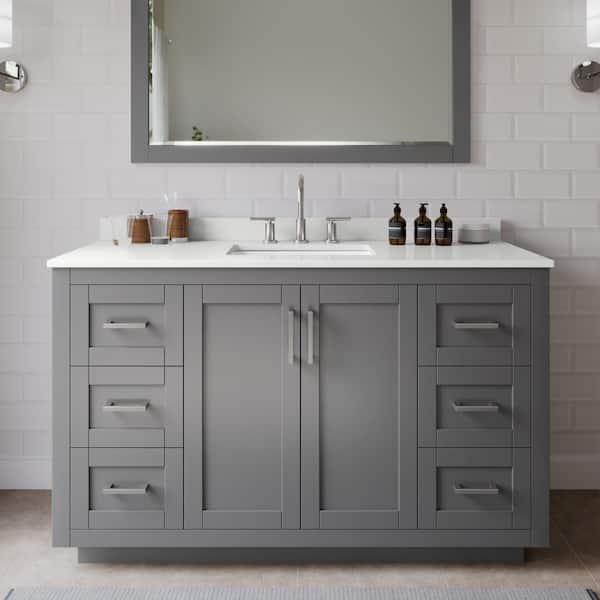 Wyndham Collection Miranda 54 in. W x 22 in. D x 33.75 in. H Single Bath Vanity in Dark Gray with White Quartz Top and 46 in. Mirror