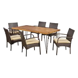 Clayton 29 in. Multi-Brown 7-Piece Metal Rectangular Outdoor Dining Set with Cream Cushions