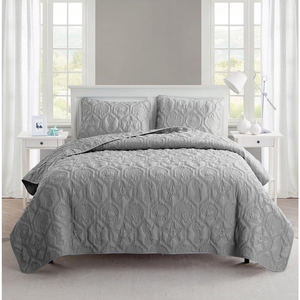 3-Piece Grey Shore Embossed Microfiber King Size Quilt Set