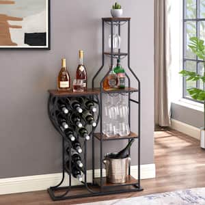 11-Bottle Brown Metal Wood Freestanding 5-Tier Wine Rack with Hanging Wine Glass Holder and Storage Shelves Kitchen