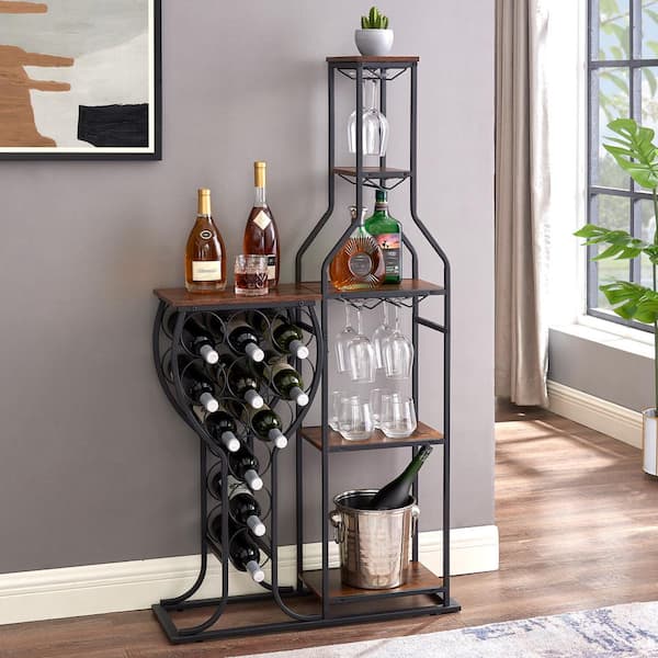 Unbranded 11-Bottle Brown Metal Wood Freestanding 5-Tier Wine Rack with Hanging Wine Glass Holder and Storage Shelves Kitchen
