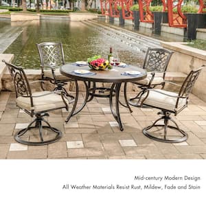 Gold 5-Piece Aluminum Outdoor Dining Set with Swivel Rocker Chair, 46 in. Round Tile Top Table and Beige Cushions