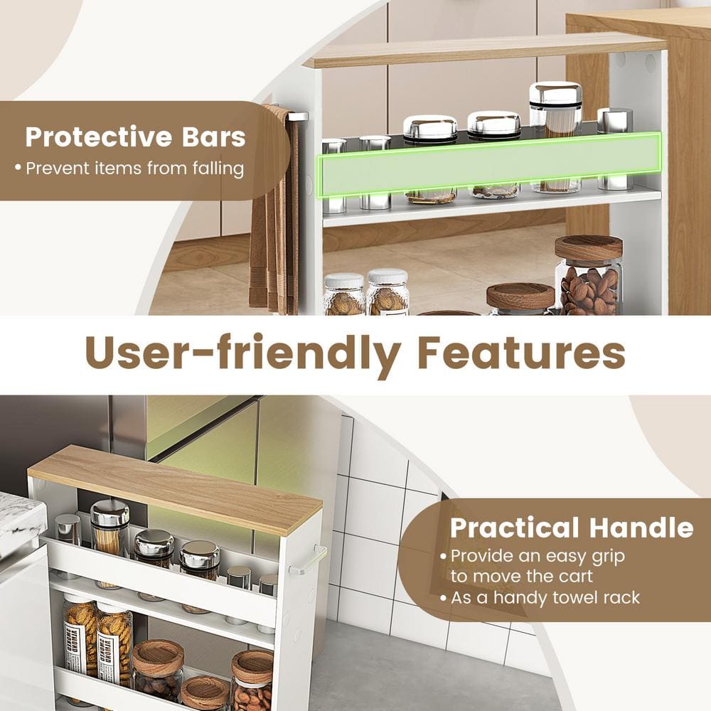 Rolling Kitchen White Slim Storage Cart Mobile Shelving Organizer with Handle - thumbnail 4