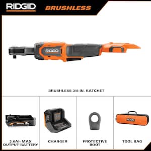 18V Brushless Cordless 3/8 in. Ratchet Kit with 2.0 Ah Battery and Charger and Protective Boot