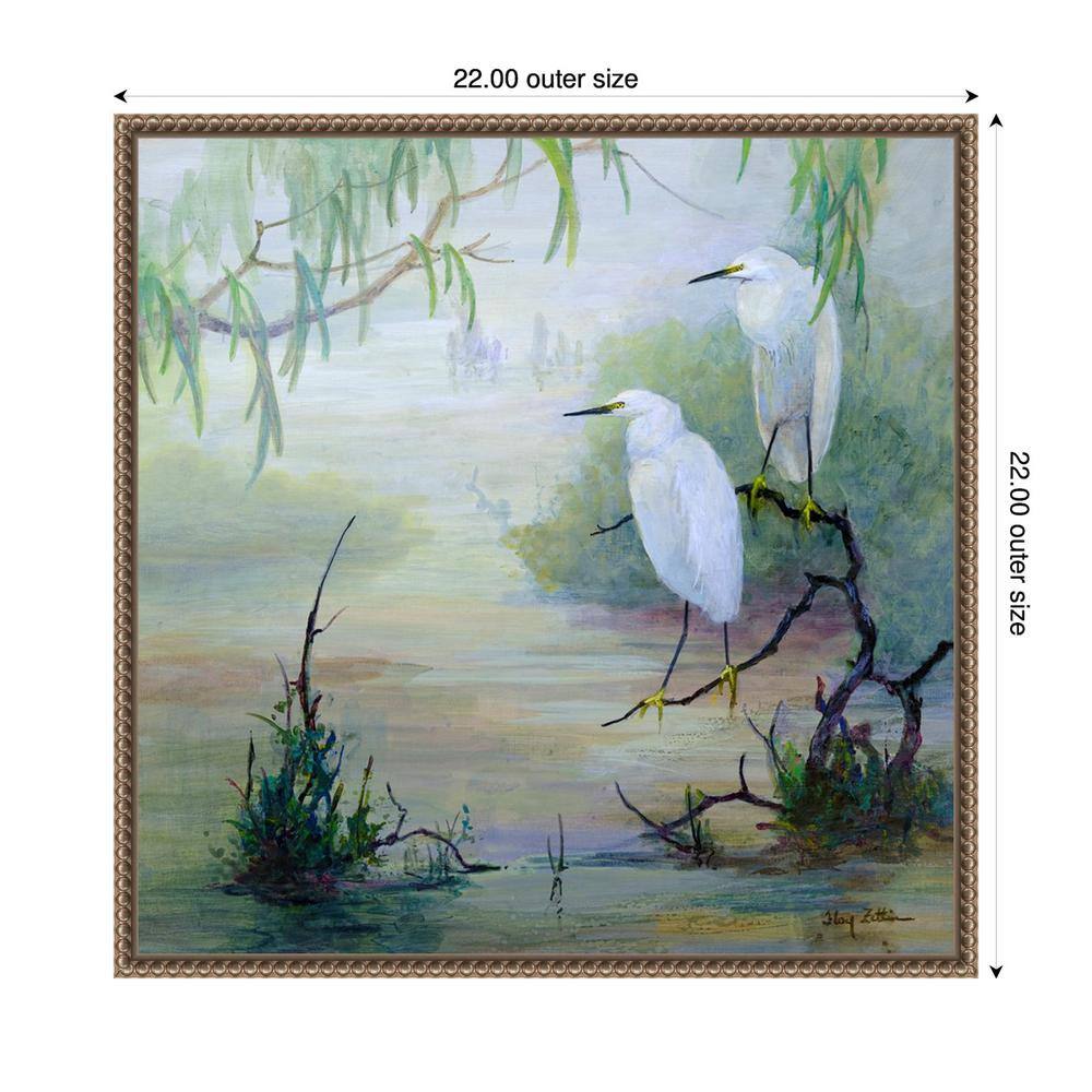 Snowy Egrets in Wetlands Bronze Framed Canvas Wall Art
