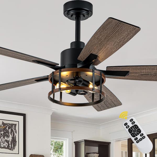 Koyah 52 in. Indoor Black Down Rod Standard Caged Ceiling Fan with Light with Remote Farmhouse Ceiling Fan with 6 Speeds