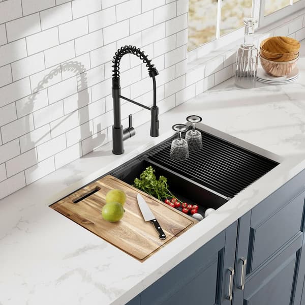 33 in. Undermount Double Bowl 18 Gauge Black Stainless Steel Workstation Kitchen Sink with Black Spring Neck Faucet
