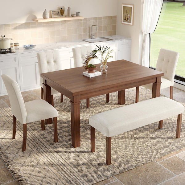 Mid-Century Modern 6-Piece Walnut MDF Top Dining Table Set Seats 6 with 4-Beige Linen Upholstered Chairs, 1-Bench