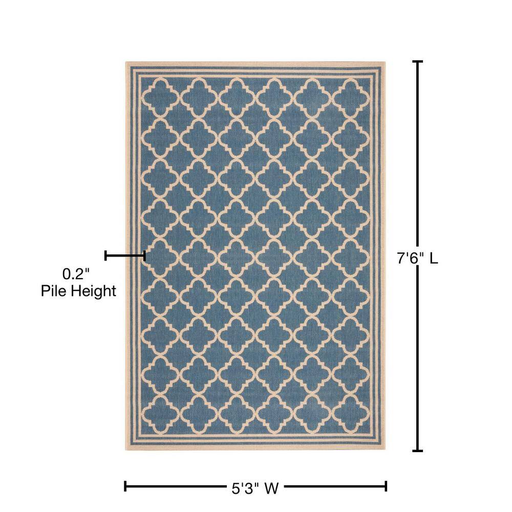 Cream and Blue Geometric Easy-Care Outdoor Area Rug, 5'3" x 7'6"