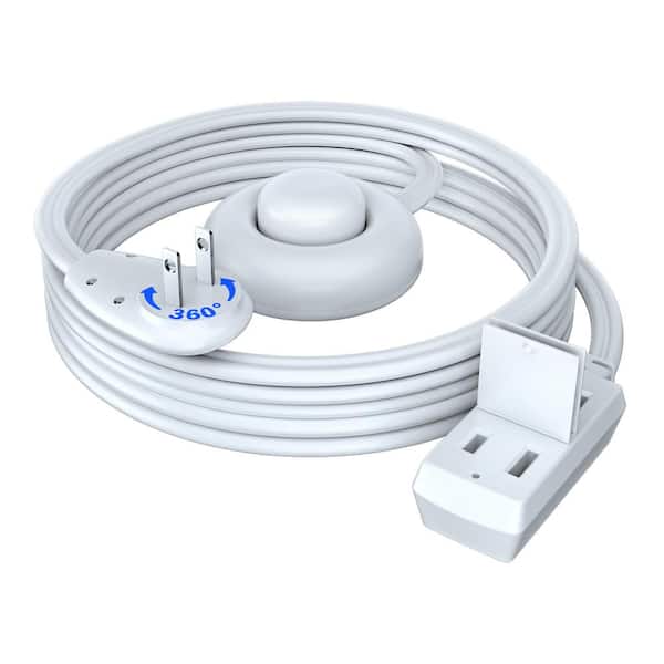 8 ft. 16/2 Light Duty Indoor Extension Cord 360° Rotating Flat Plug 2-Prong Footswitch with Cover, 13Amps, White