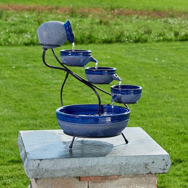 Ceramic Blueberry Solar Cascade Fountain with Rustic Blue Finish