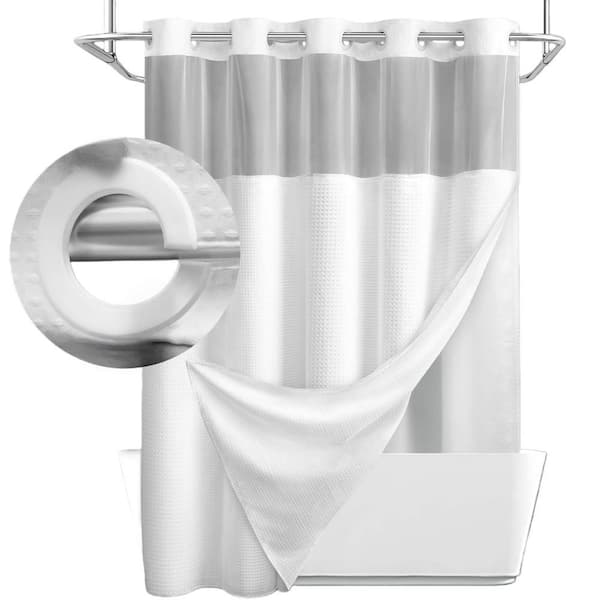 No Hook 75 in. L x 72 in. W Fabric Shower Curtain with Snap Liner Set, Waffle Shower Curtain, White