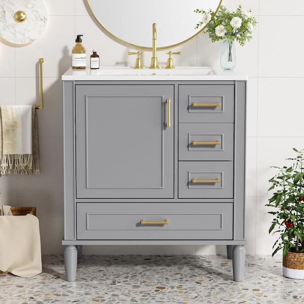 30 in. W Solid Wood Frame Single Sink Classic Gray Bath Vanity with White Ceramic Top
