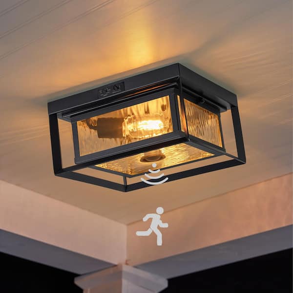 11 in. 2-Light Black Motion Sensing Non-Dimmable Outdoor No Bulb Included Flush Mount Ceiling Light (1-Pack)
