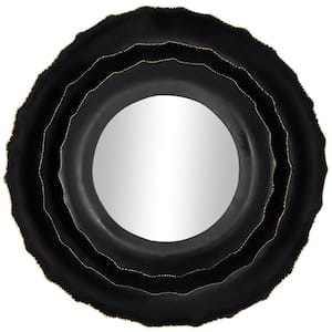 27 in. x 27 in. Layered Frame Round Framed Black Floral Wall Mirror with Layered Floral Frame