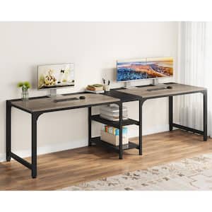 90.55 in. Rectangular Black and Gray 2 Person Desk with Storage Shelves, Double Computer Desk with Spacious Desktop