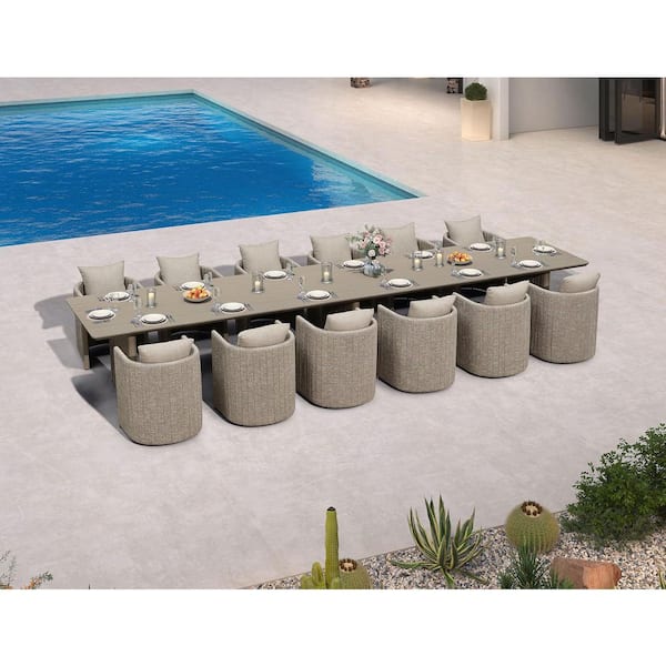 13-Piece Aluminum Outdoor Dining Set Rectangular Dining Table & U-shaped backrest Chairs with Olefin Cushions, Beige