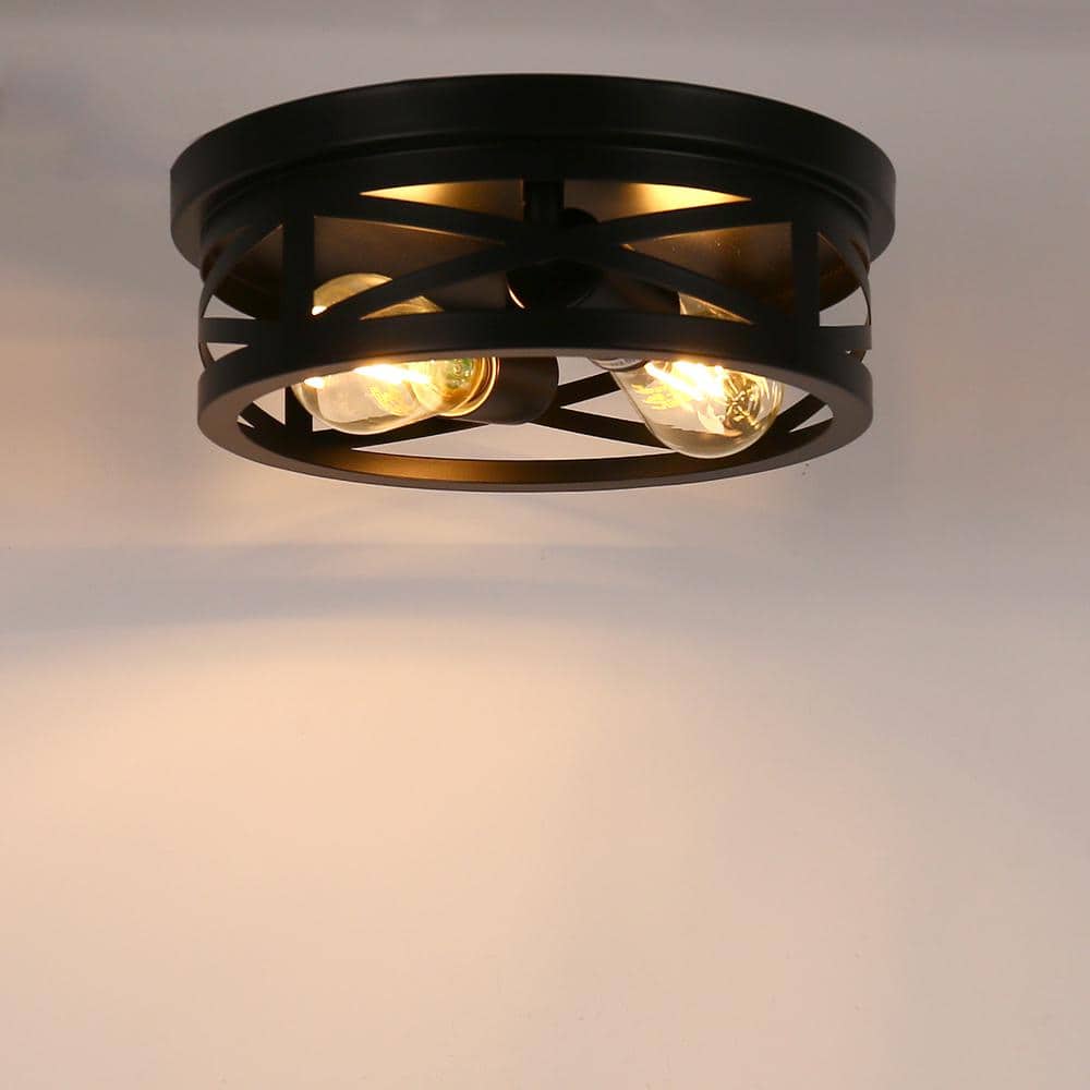 Black Metal Cage Drum Flush Mount Ceiling Light, 2-Pack