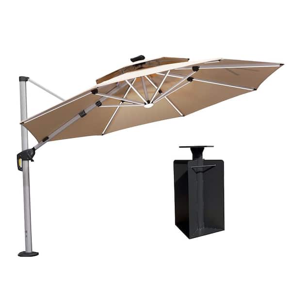 PURPLE LEAF 11 ft. Octagon Aluminum Solar Powered LED Patio Cantilever Offset Umbrella with Base in Ground, Beige