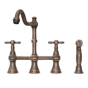 Bridge Kitchen Faucets - Solid Brass Kitchen Faucet with Side Sprayer, 2 Cross Handles, Antique Copper