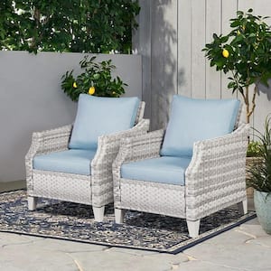 Canton Grey Wicker Outdoor Lounge Chair with Baby Blue Cushions (2-Pack)