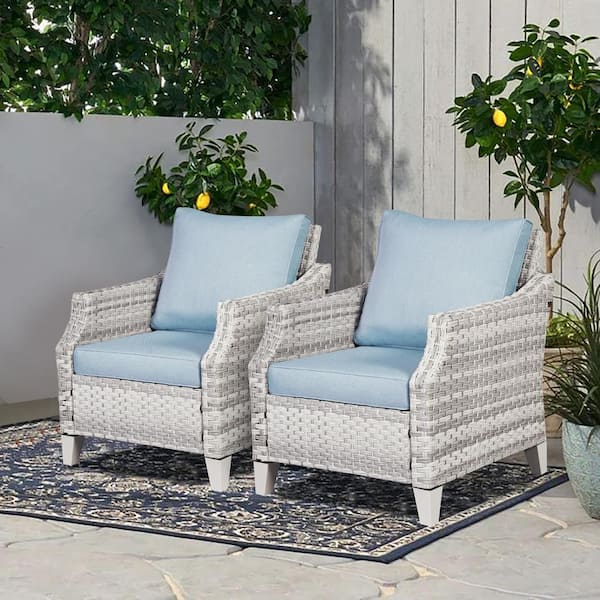 Gymojoy Canton Grey Wicker Outdoor Lounge Chair with Baby Blue Cushions (2-Pack)