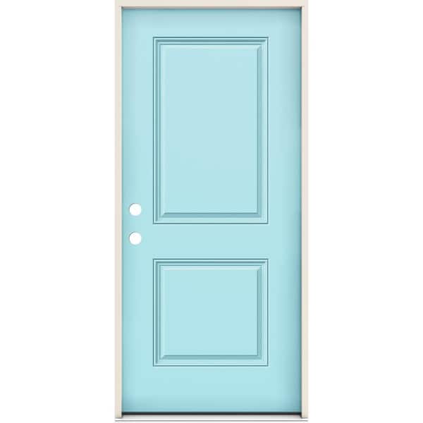 JELD-WEN Smooth-Pro 36 in. x 80 in. 2-Panel Right-Handed Caribbean Blue Fiberglass Prehung Front Door with 4-9/16 in. Jamb Size