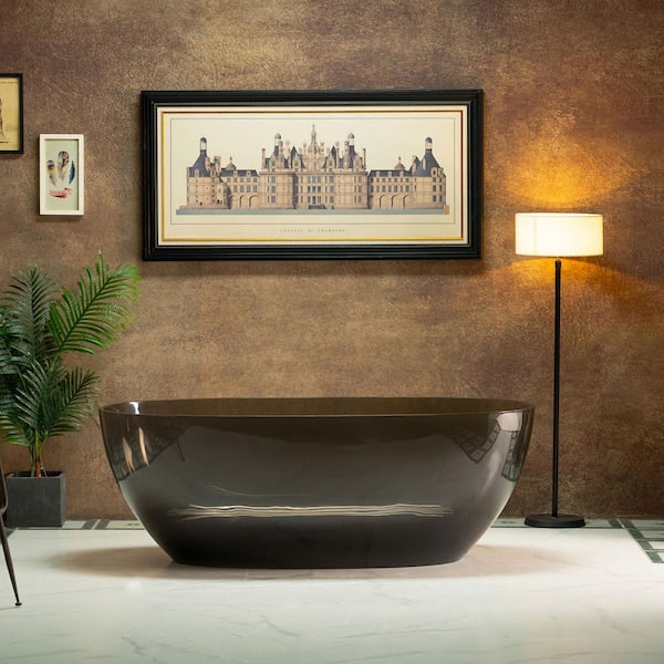 63 in. x 28.25 in. Solid Surface Stone Resin Freestanding Soaking Bathtub With Center Drain in Grey