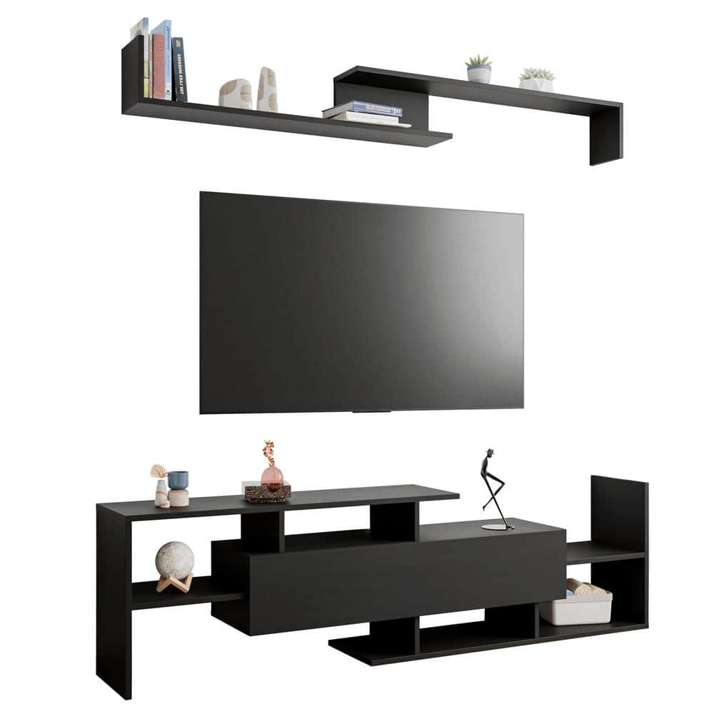 Ebony Modern TV Stand with MDF Shelves and Cabinet
