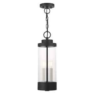 Cavanaugh 20.25 in. 3-Light Textured Black Dimmable Outdoor Pendant Light with Clear Glass and No Bulbs Included