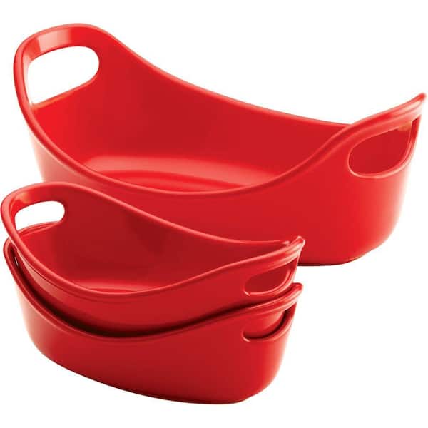 Rachael Ray Stoneware 3-Piece Small Oval Set Bubble and Brown in Red