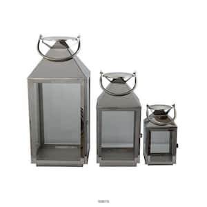 Silver Metal Decorative Lantern with Wooden Handle and Glass Panel (Set of 3)