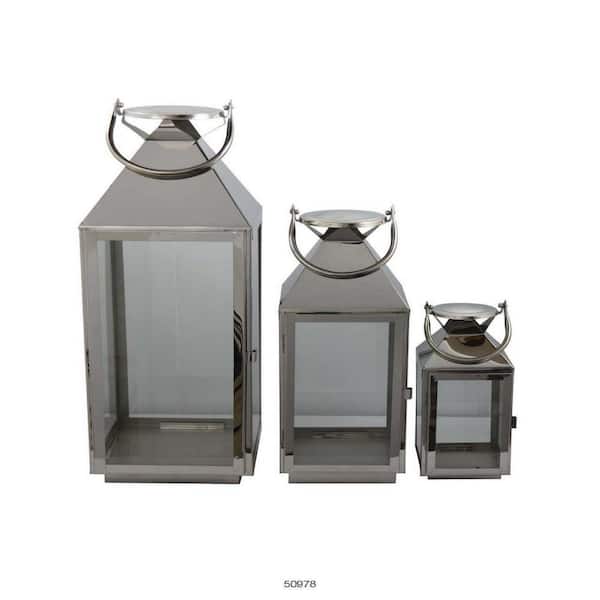 Benjara Silver Metal Decorative Lantern with Wooden Handle and Glass Panel (Set of 3)