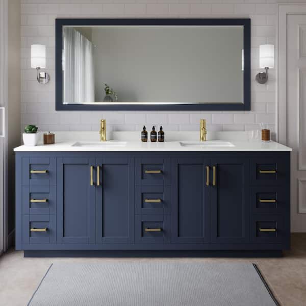 Wyndham Collection Miranda 84 in. W x 22 in. D x 33.75 in. H Double Bath Vanity in Dark Blue with White Quartz Top and 70 in. Mirror