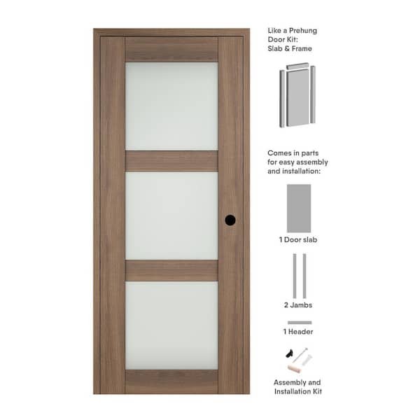 Vona 30 in. x 95.25 in. Left-Hand 3 Lite Frosted Glass Pecan Nutwood Composite Solid Core Wood 1-Prehung Interior Door
