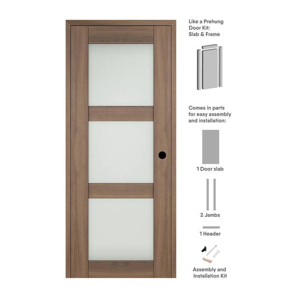 Belldinni Vona 18 in. x 96 in. Left-Hand 3 Lite Frosted Glass Pecan Nutwood Composite Solid Core Wood Single Prehung Interior Door