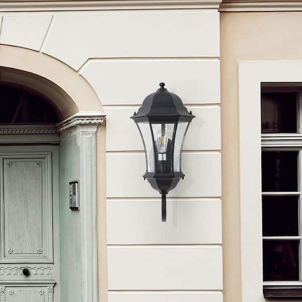 (1-Pack) 27 in. 1-Light Outdoor Black Metal Weatherproof Lantern Wall Sconce with Clear Bubble Glass (No Bulb)