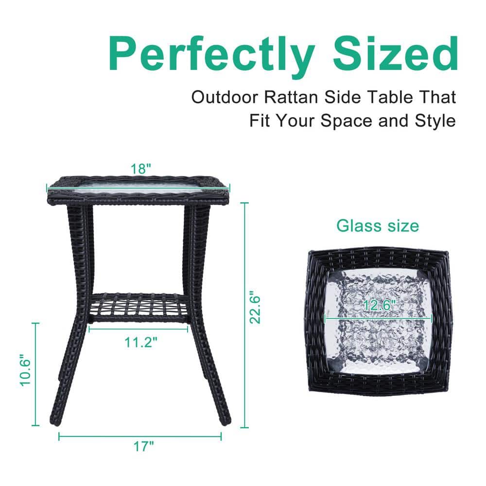 Black Wicker Outdoor End Table with Glass Top and Storage