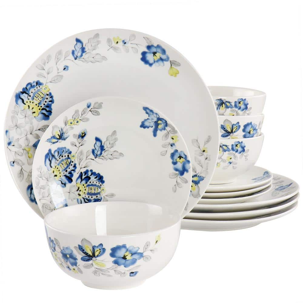GIBSON HOME Uppingham Fine Ceramic 12-Piece Blue Floral Dinnerware Set ...