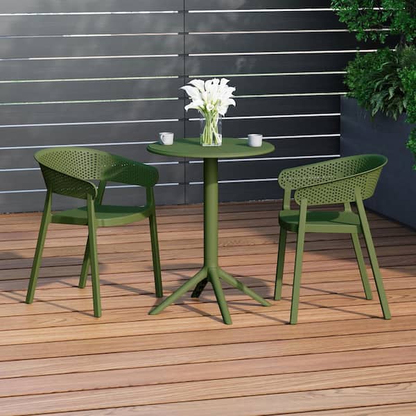 Frond and Form Outdoor Patio Modern HDPE Plastic 3-Piece Indoor/Outdoor Bistro Set w/ Stackable Chairs, Olive Green