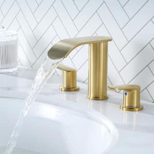 8 in. Widespread Waterfall Spout Double Handle Bathroom Faucet with Supply Lines Included in Brushed Gold