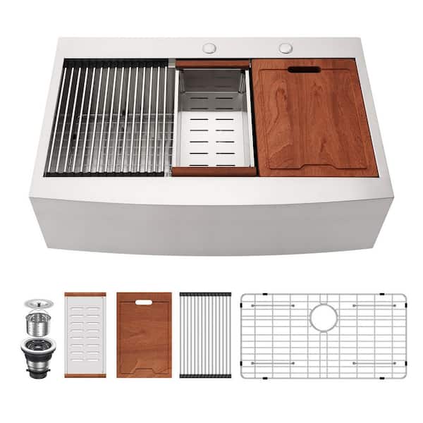 36 in. Apron Front/Farmhouse 16-Gague Stainless Steel Drop In Workstation Kitchen Sink with Cutting Board