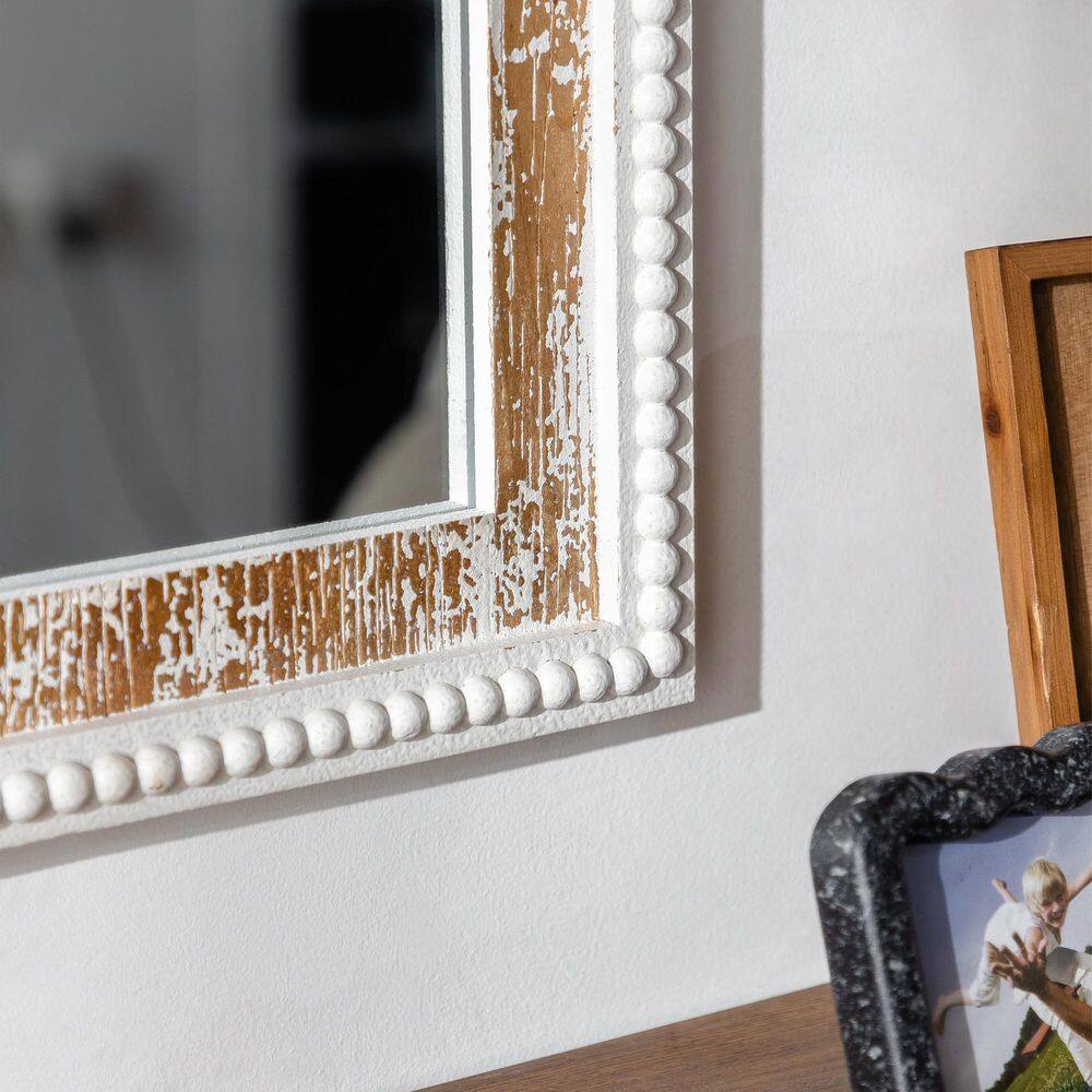 Antique White Arched Wood Vanity Wall Mirror with Beaded Frame