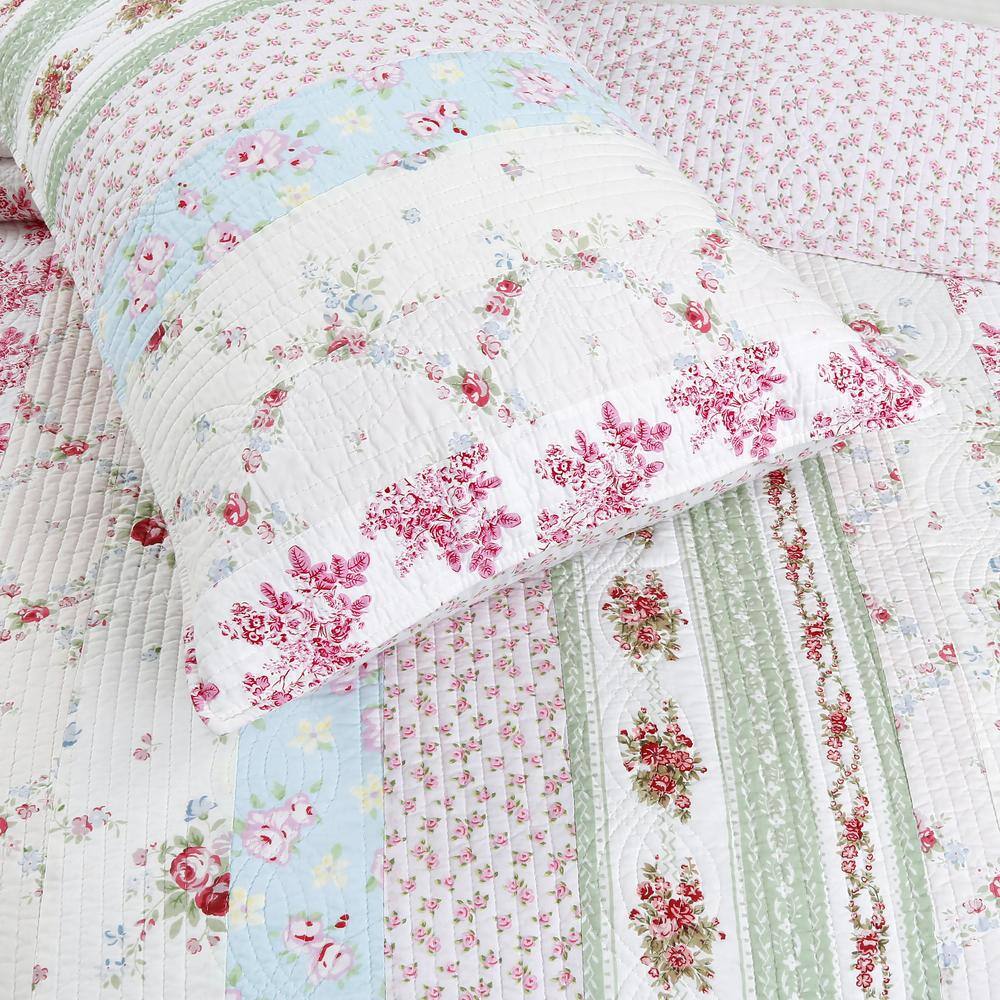 Twin Pink Floral Cotton Reversible Quilt Set