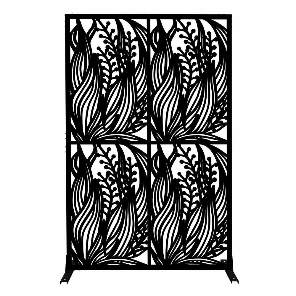 72 in. H x 45.3 in. W-Black Metal Privacy Garden Fence with Leaf Cutouts Ga
