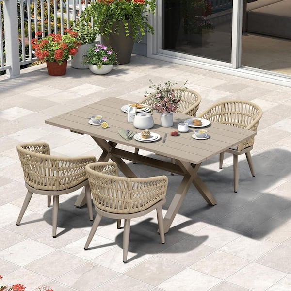 5-Piece Aluminum All-Weather PE Rattan Rectangular Outdoor Dining Set with Cushion, Champagne