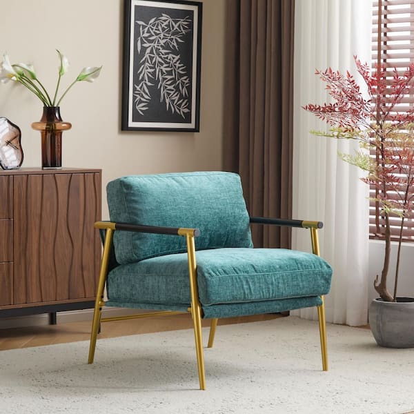 Minimalist Metal Frame Teal Blue and Gold Polyester Arm Chair, Accent Chair with Plush Cushions, Wooden Armrests