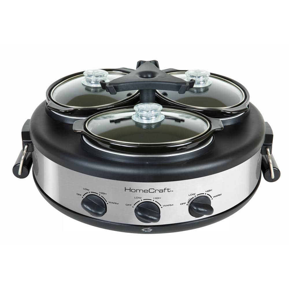 Triple Slow Cooker with 3 Spoons, 3 Pot 1.5 Quart Oval Crockpot Food Warmer  Buffet Server, Brown 